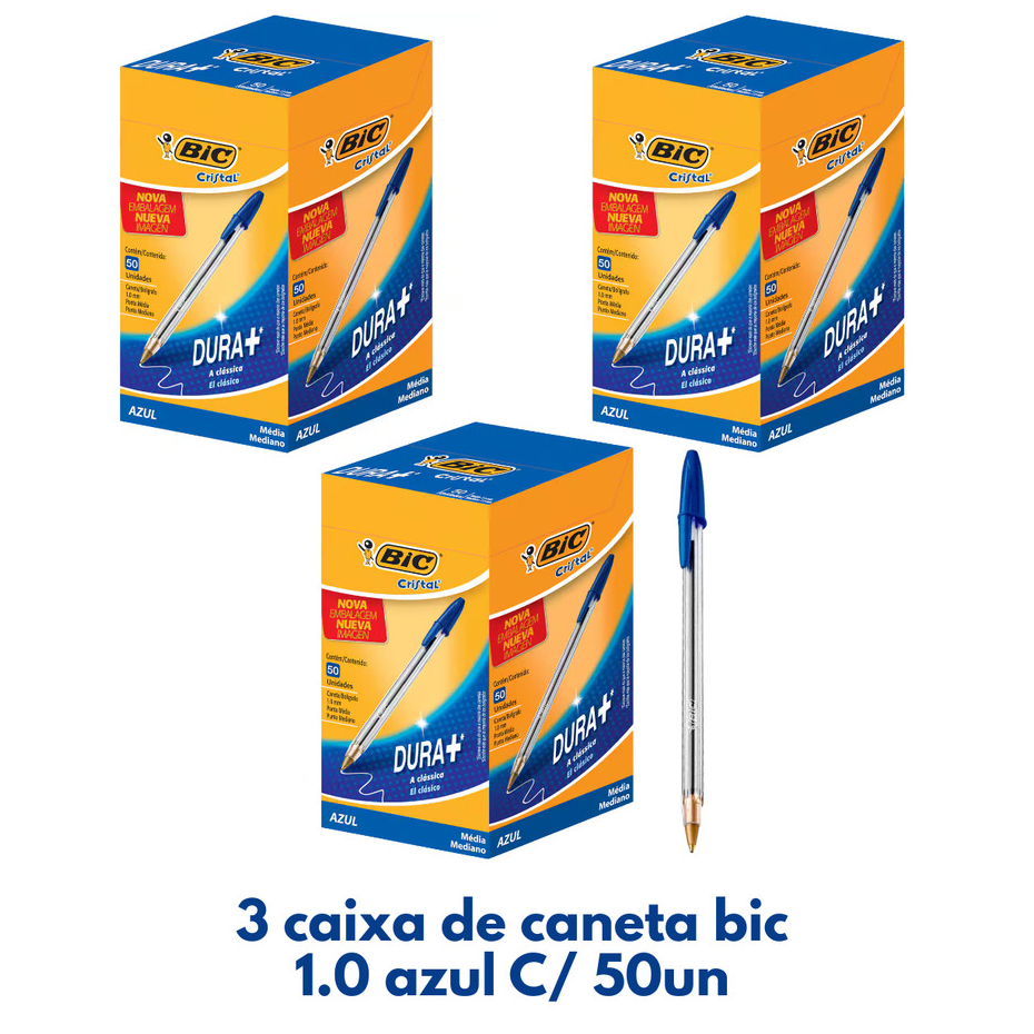 KIT 150 Caneta Bic Cristal 1.0 azul Esferográfica Caixa C/ 50 un 3 Caixas