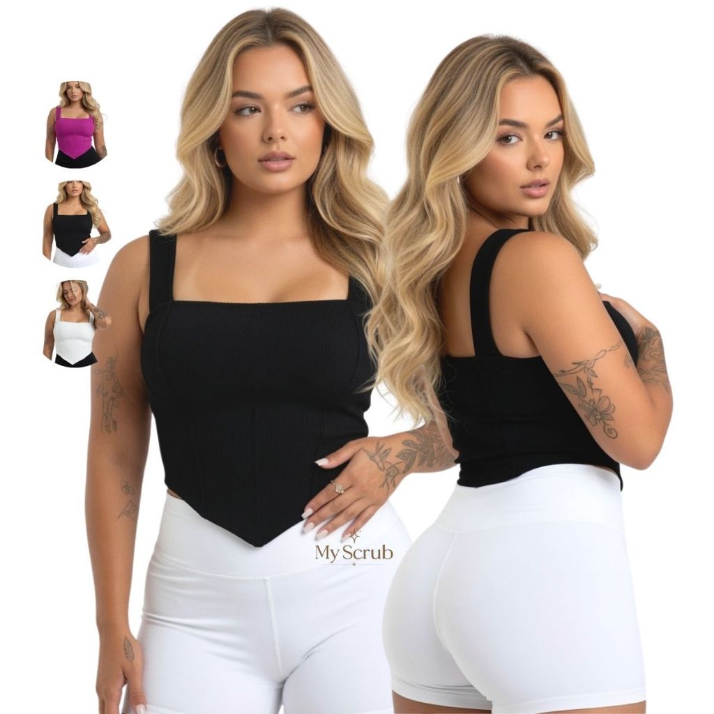 Cropped feminino sensual elegante acinturado tecido canelado moda gringa estilo regatinha alça larga  -MARIA