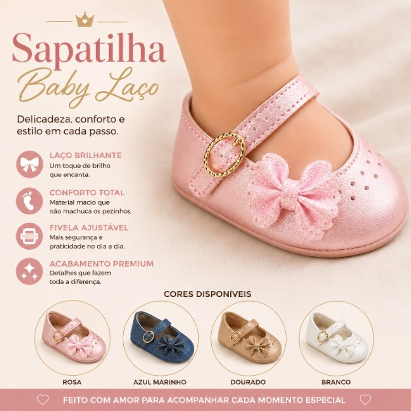 Sapatilha Bebê Menina Pimpolho com Laço Glitter e Fivela Dourada Confortável
