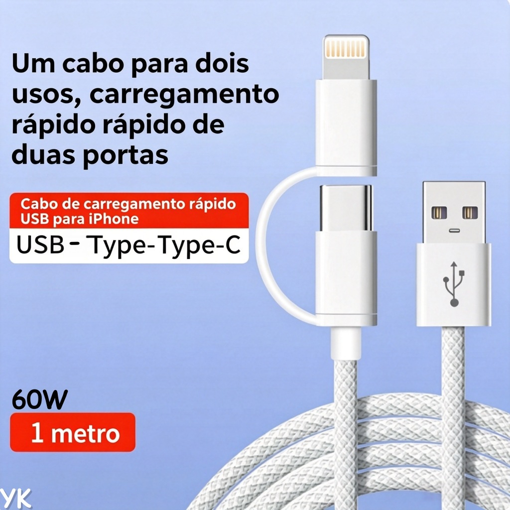 Cabo Carregador Duplo 2 em 1 PD Rápido 60W Lightning + Type-C para iPhone XR até 17 Pro Max e Celulares Android
