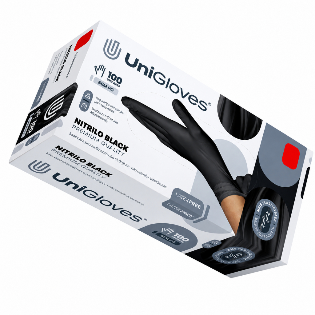 Luva De Procedimento Nitrilo Black Premium Com 100 Unidades UniGloves