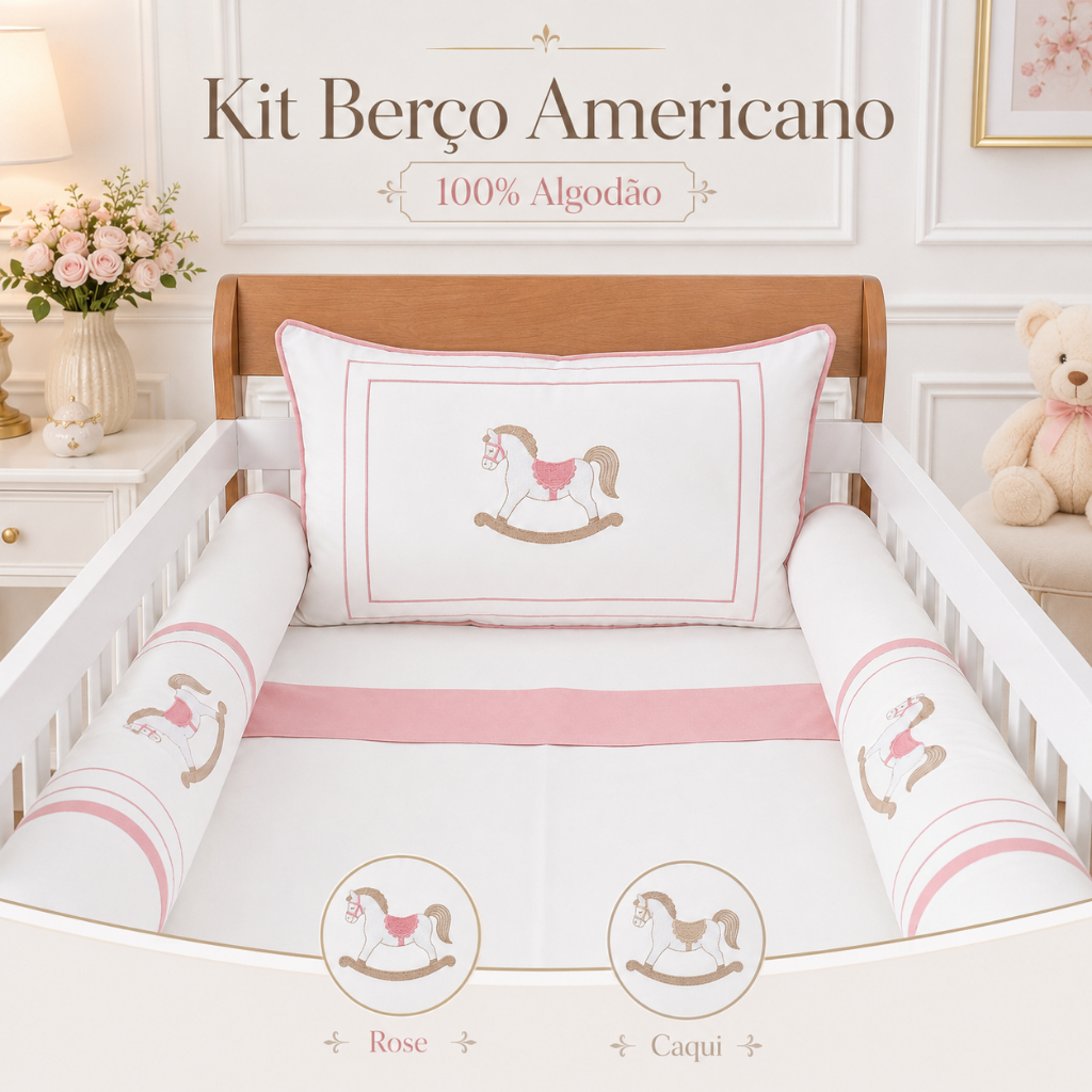 Kit Berço Protetor Americano Boiadeira Cavalinho Bordado Algodão Rosê com Mosquiteiro