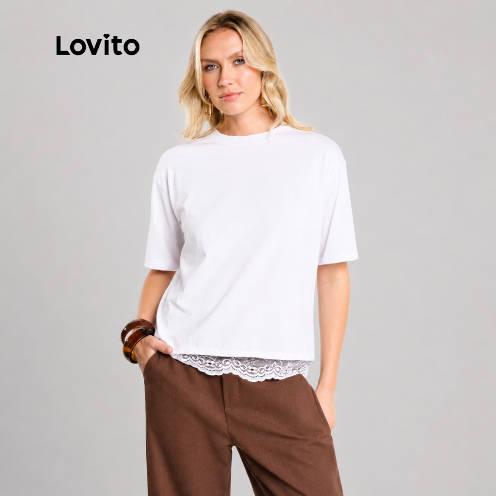 Lovito Camiseta Feminina com Renda na Barra Oversized Confortável BRTSB18081838