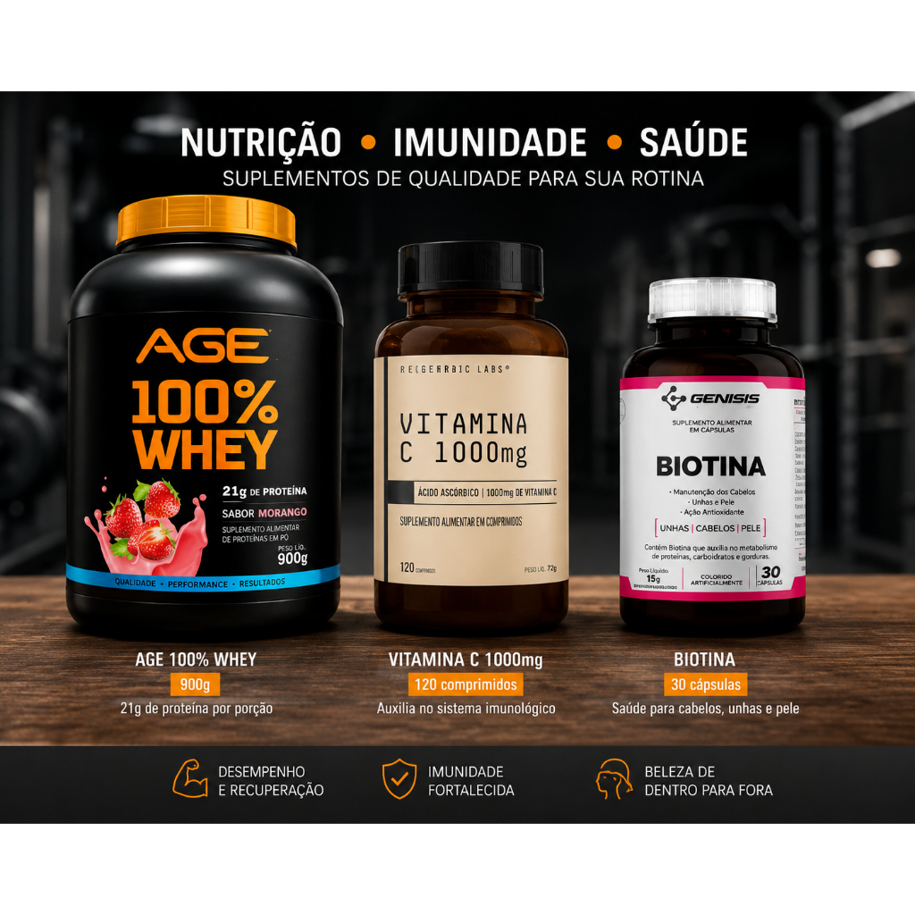 Whey Protein 100% 900g + Vitamina C 1000mg 30Tablete + Biotina 30 Cápsulas