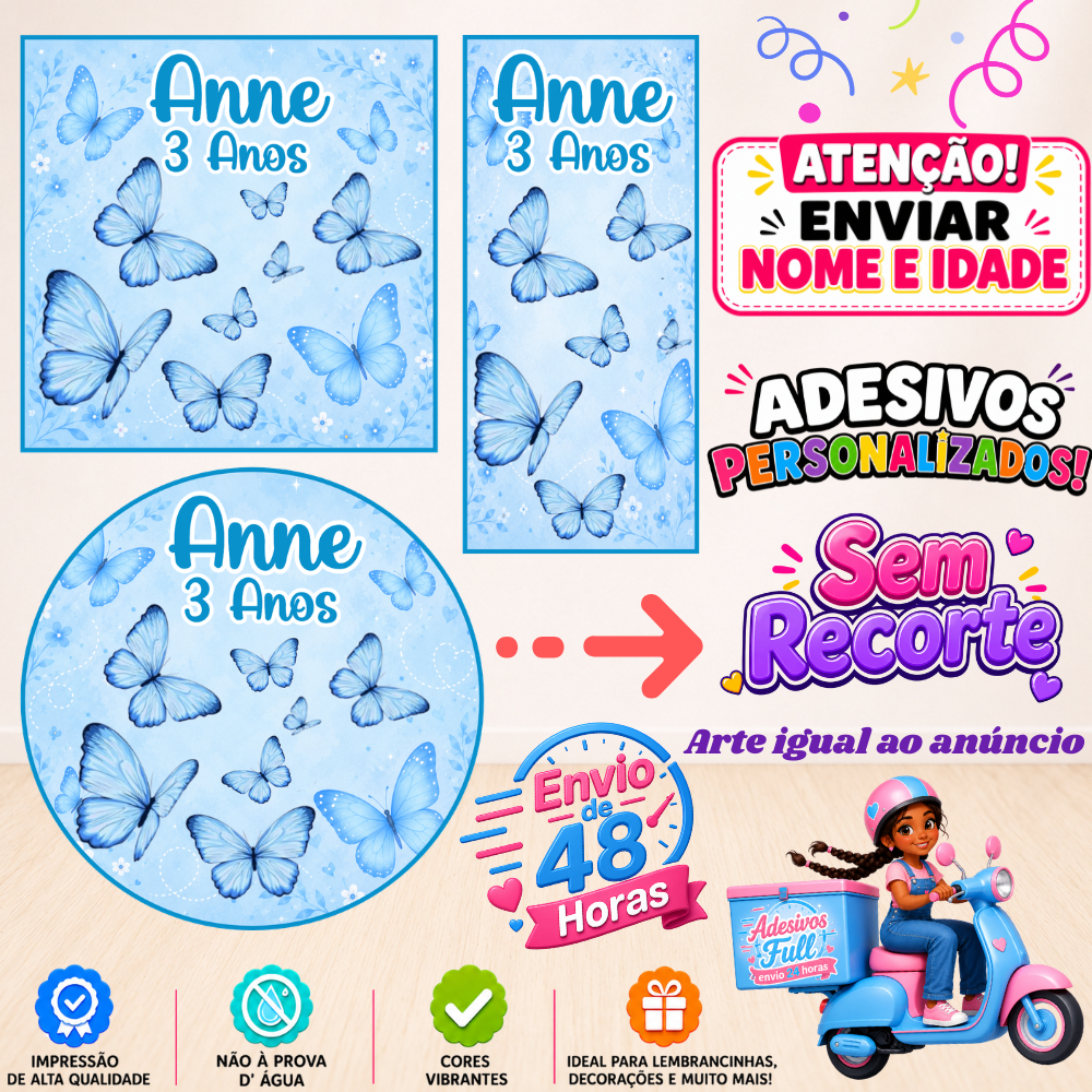 Borboleta Azul Claro - 100/60/40 Adesivos Personalizados Lembrancinhas Festa Aniversário