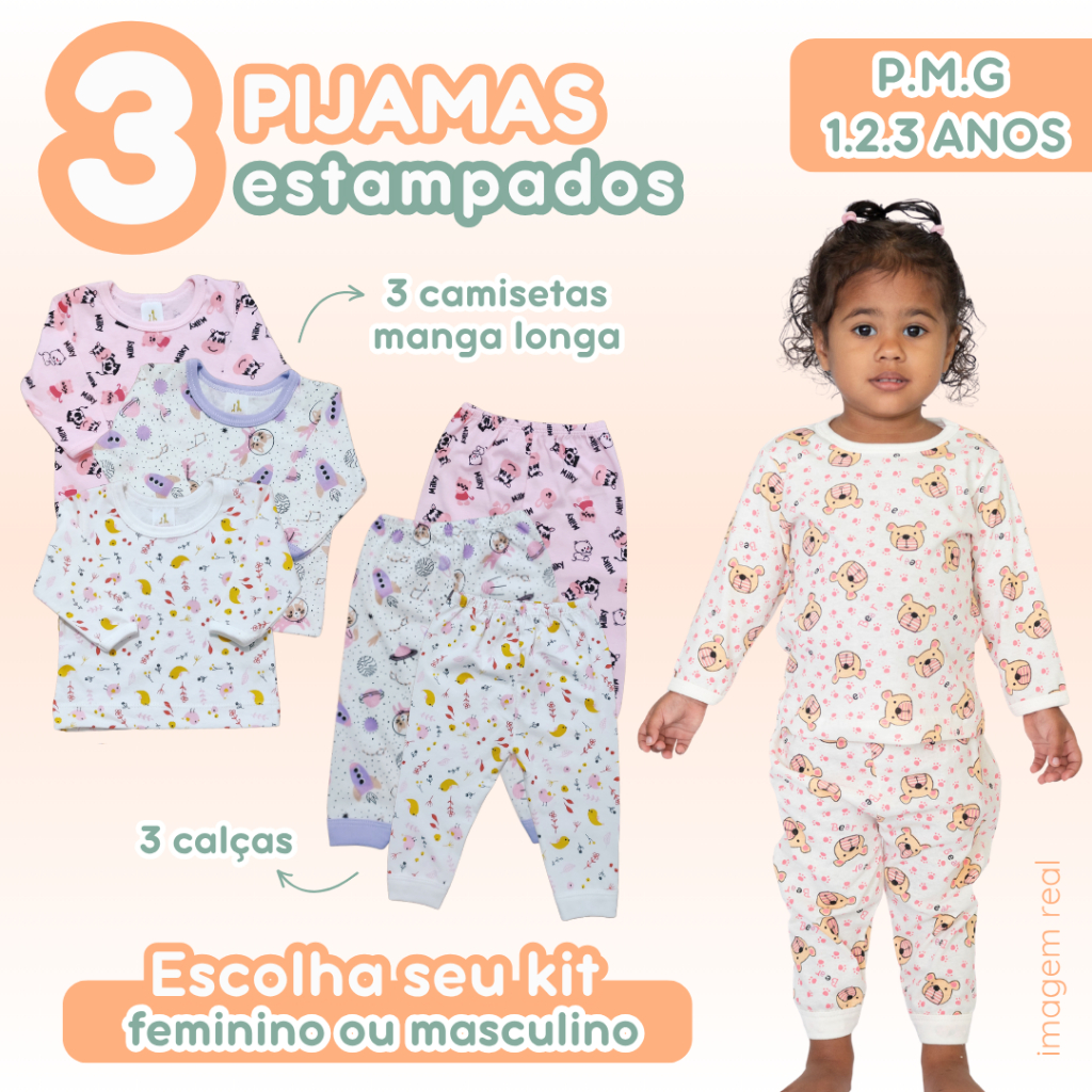 Kit 3 Pijamas Bebê Criança Malha Estampada 100% Algodão 6 Peças Feminino Masculino PMG 1 ano 2 anos 3 anos Zuraffa Baby