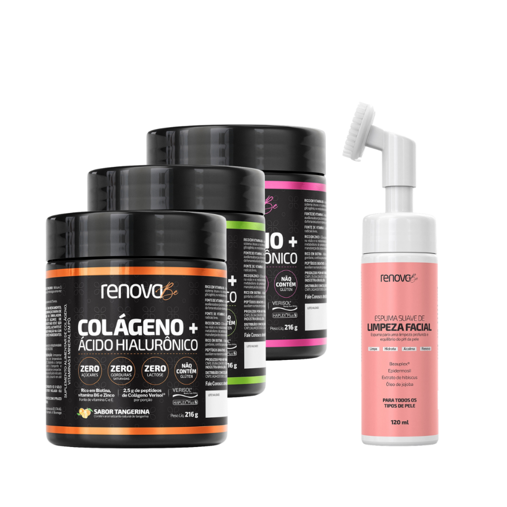 Kit 3 Potes Collagen Hidrolisado Verisol com Ácido Hialurônico + Espuma Limpeza 