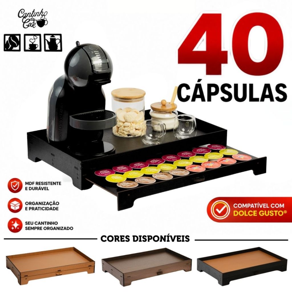 Porta 40 Cápsulas Bandeja Com Gaveta Organizadora Suporte Cafeteira Cantinho Do Café Cores Casa Lar