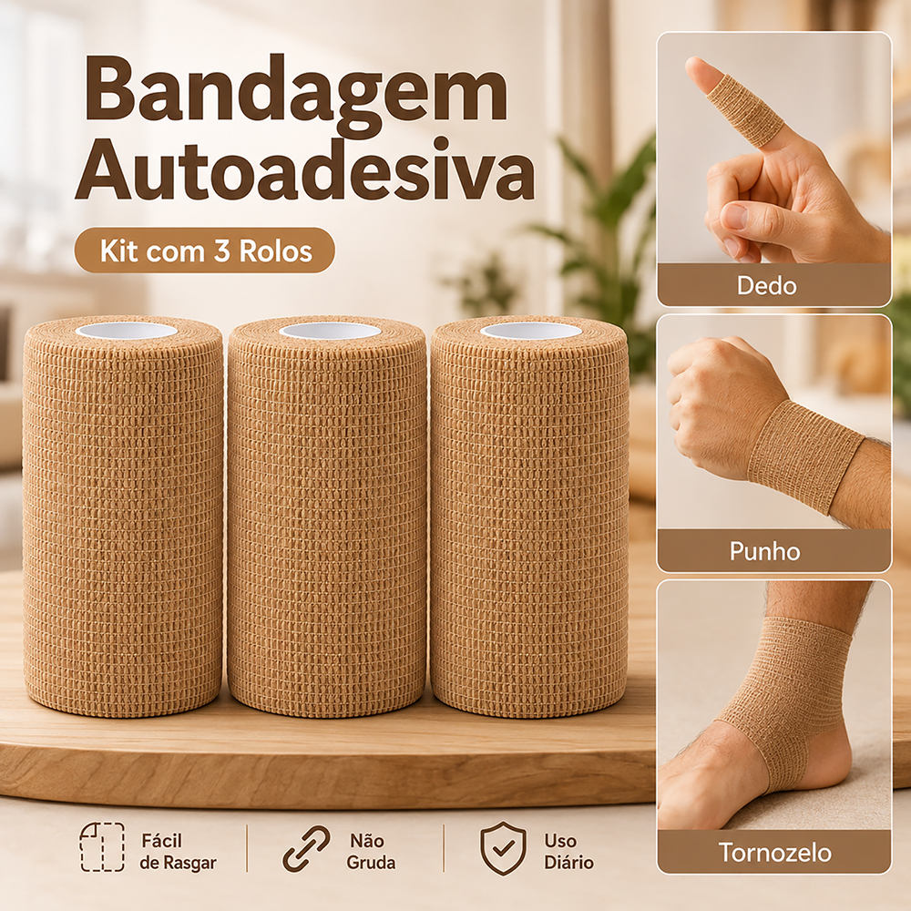 Bandagem Autoaderente Elástica Kit 3 Rolos 10cm Coesiva para Pets Esportes Bege