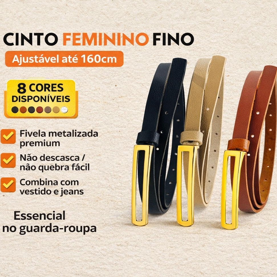 Cinto Fino Feminino da Moda Fivela Quadrada Cumprida Dourada Elegante Casual Lançamento Ajustável aos Looks1.5cm - Luna