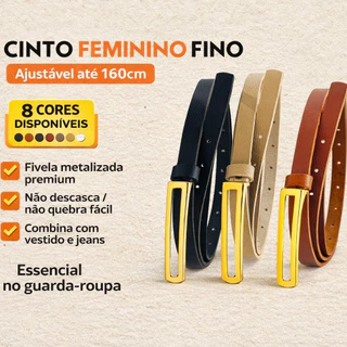 Cinto Fino Feminino da Moda Fivela Quadrada Cumprida Dourada Elegante Casual Lançamento Ajustável ao