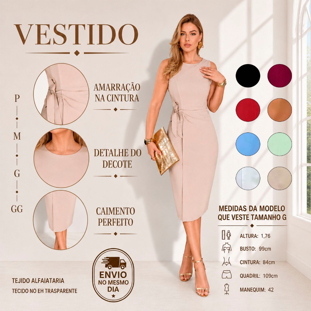 Vestido Feminino Alfaiataria Elegante luxo com Amarraçao confortável e elegante verão 2026