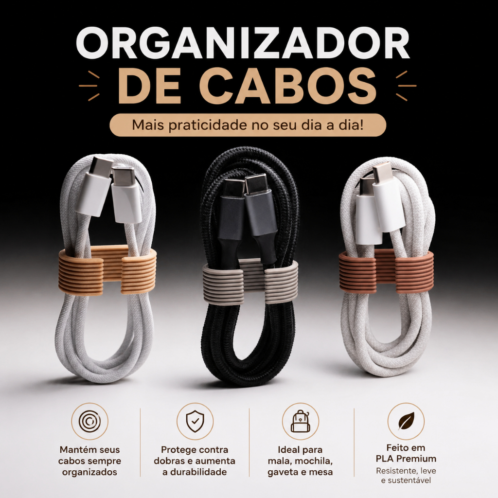 Kit Organizador de Cabos em Espiral | Prendedor de Cabos USB, USB-C e Lightning | Impressão 3D em PLA
