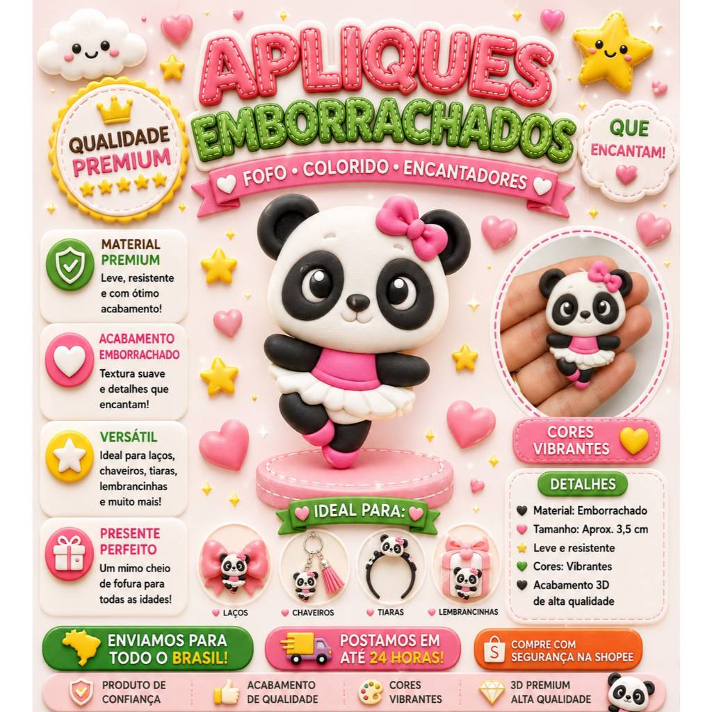 Aplique Emborrachado  Urso Panda Pandinha Bailarina 10 unidades