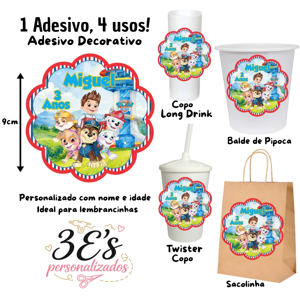 Patrulha Canina Aquarela Adesivos Personalizados Sacolinhas Balde Copo Twister Copo Long Drink
