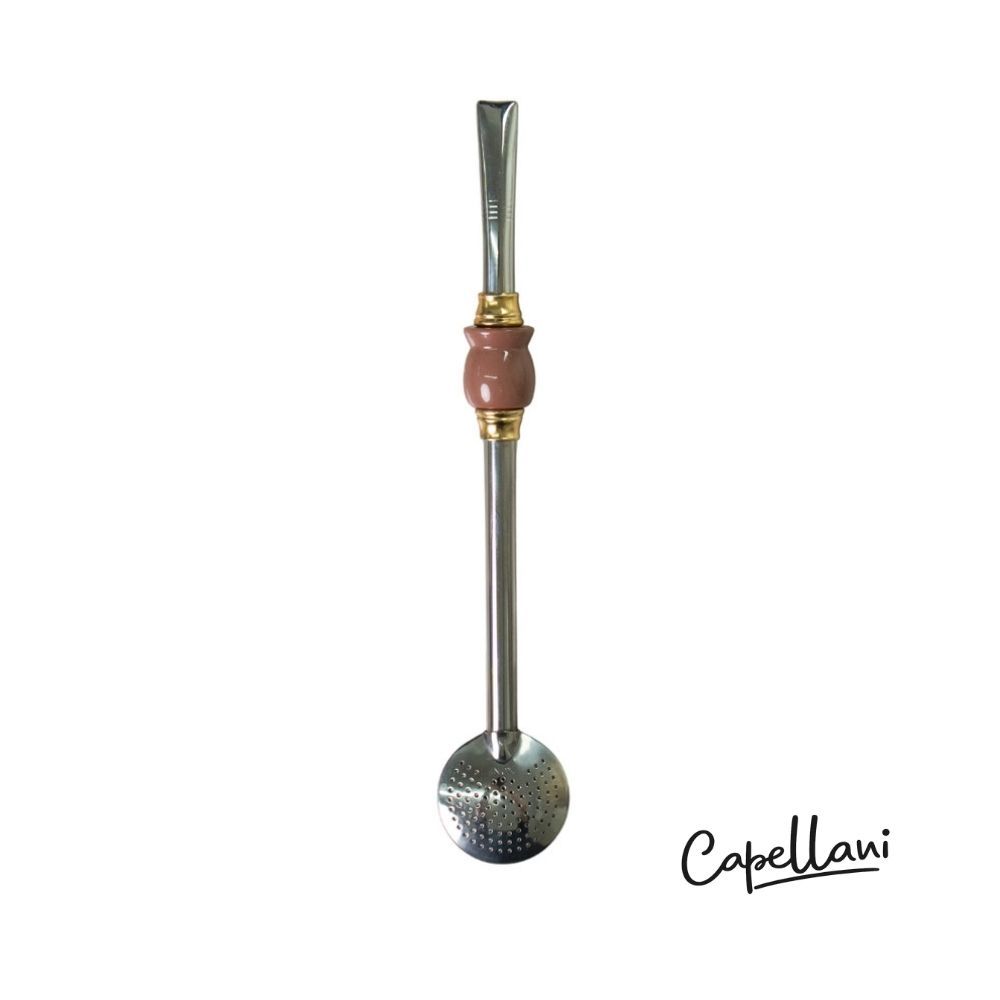Bomba de Chimarrão Capellani em Inox com Pedra Acrílica Cuia e Anel Dourado | Bojo Fixo