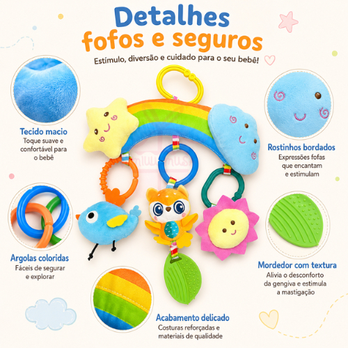 Móbile Bebê Arco-Íris Fofo Macio Sensorial Chocalho Mordedor para Carrinho Berço Bebê Conforto