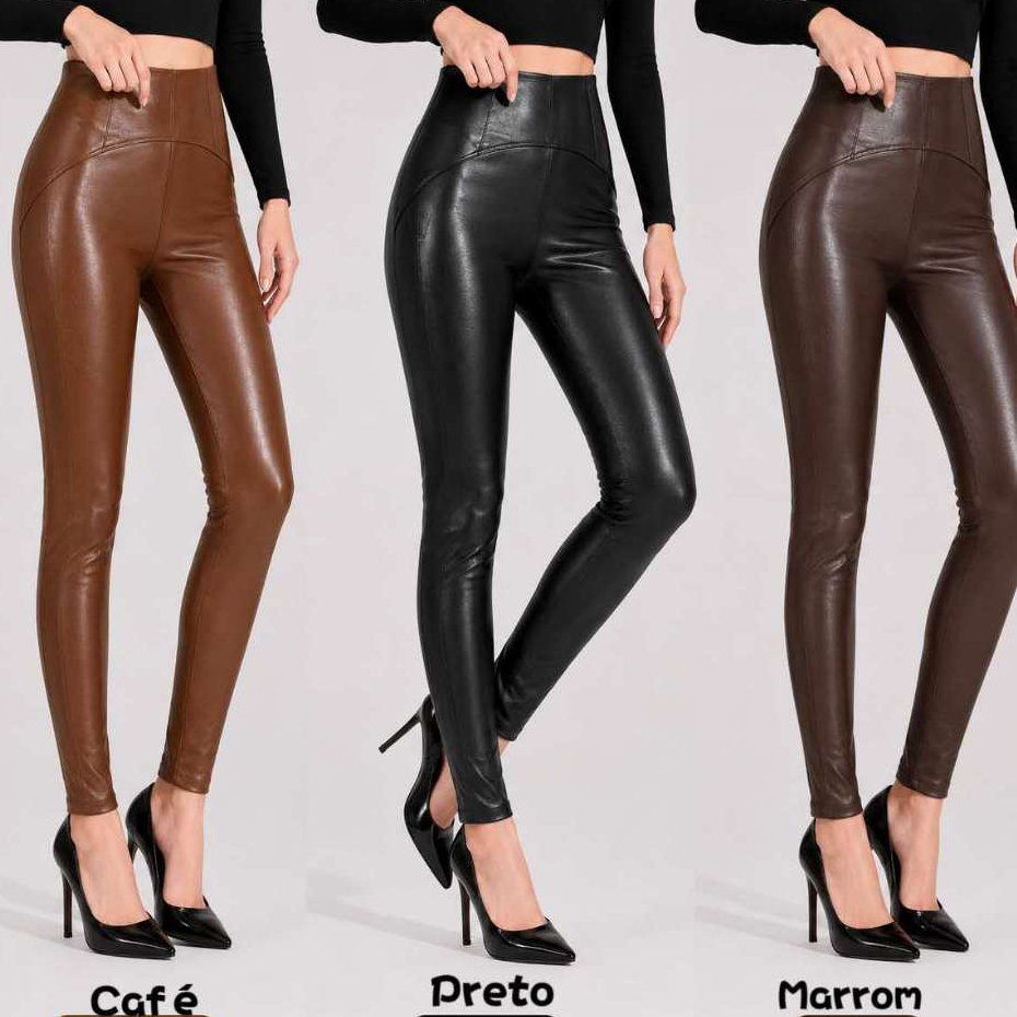 Calça Legging Peluciada Feminina Couro Sintético Cintura Alta Térmica Inverno Premium