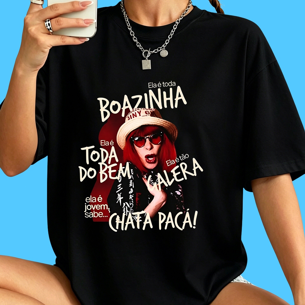 Camiseta Feminina Estampada Algodão 100% Oversized Preta com Estampa de Frases Engraçadas Moda Feminina Plus Size