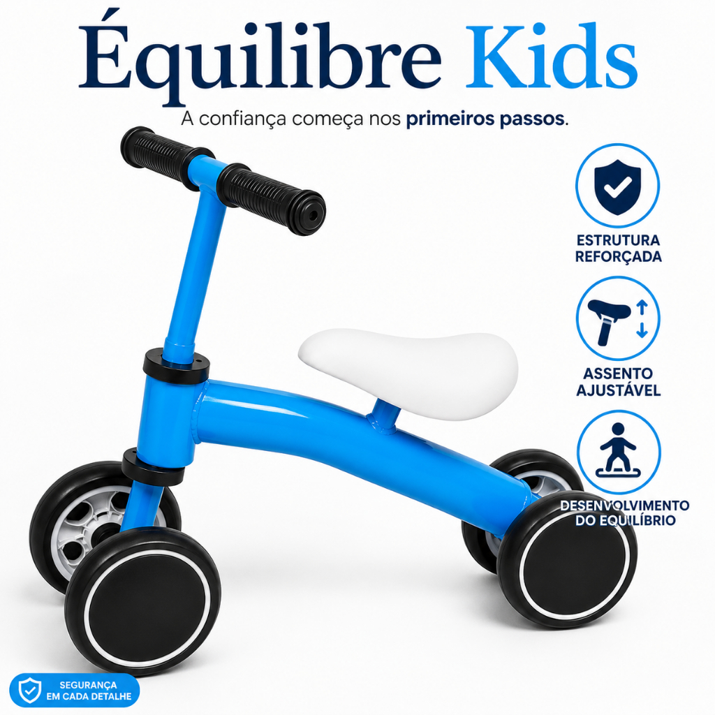 Bicicleta de Equilíbrio Infantil 4 Rodas Azul Assento Ajustável Rodas Antiderrapantes Coordenação Motora