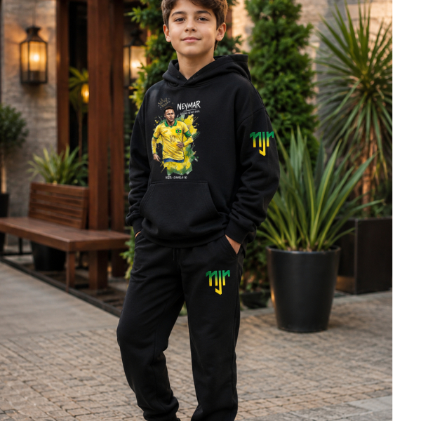 Conjunto Infantil Moletom Canguru Menino Ney BR Flanelado Inverno Casaco com Capuz  Calça Moletom 2 ao 16 Preto Casual