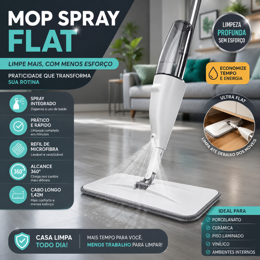 Mop Spray Cabo Longo 1,45m com Reservatório e Refil Microfibra Rodo Mágico Esfregão para Limpeza -CH