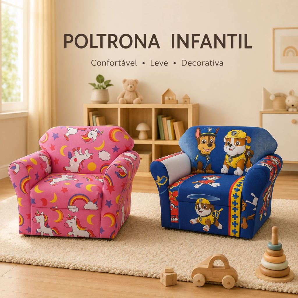 Poltrona Infantil Decorativa Sofá Kids Menino Menina Unicórnio Patrulha Quarto Infantil