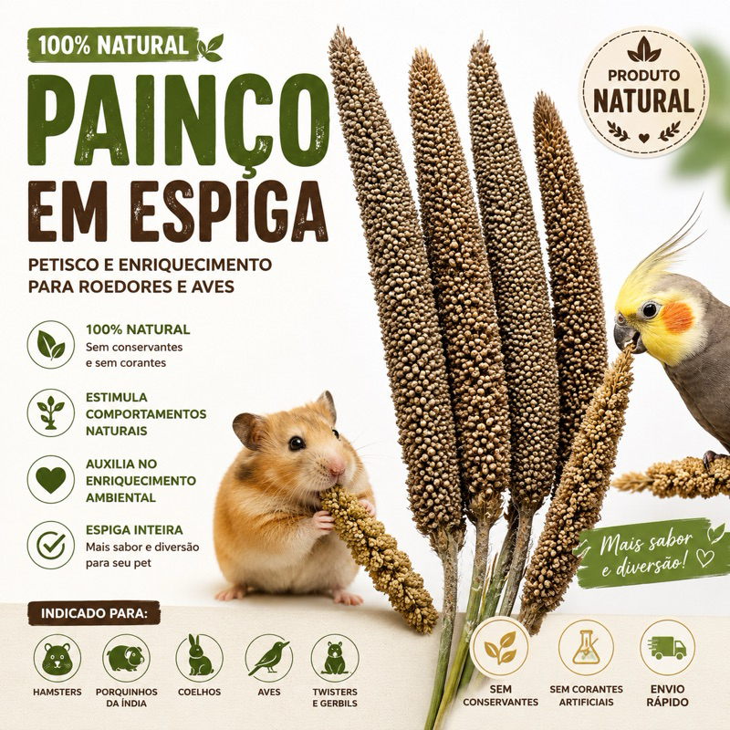 Painço em Espiga Natural para Hamsters, Calopsitas, Aves e Roedores | 100% Natural