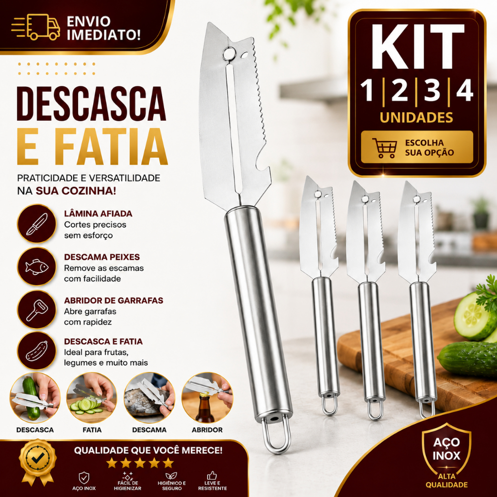 Descascador 22cm 4 em 1 Aço Inox 1/2/3/4 Multifuncionais Descasca Fatia Descama Peixes e Abre Garrafas