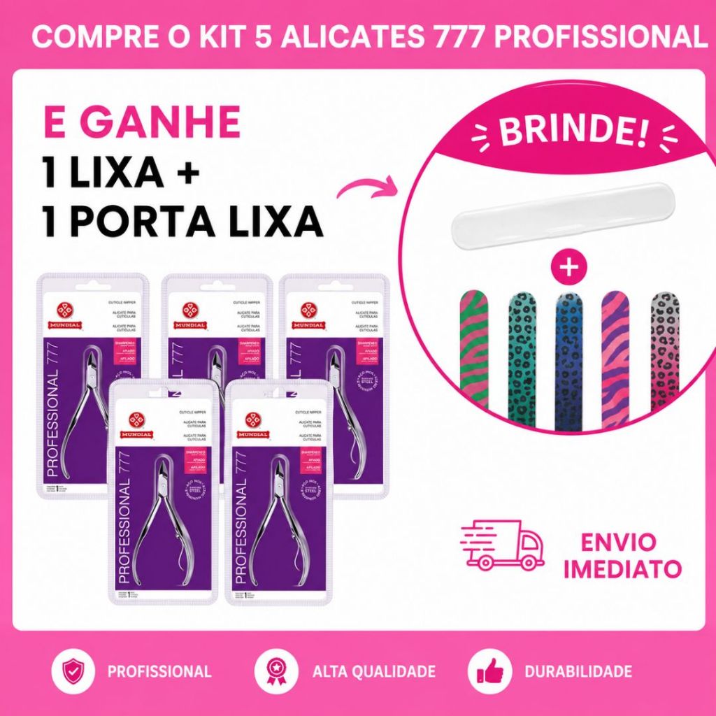 Kit 5 Alicates Mundial 777 Professional Premium – Alta Precisão para Manicure Profissional