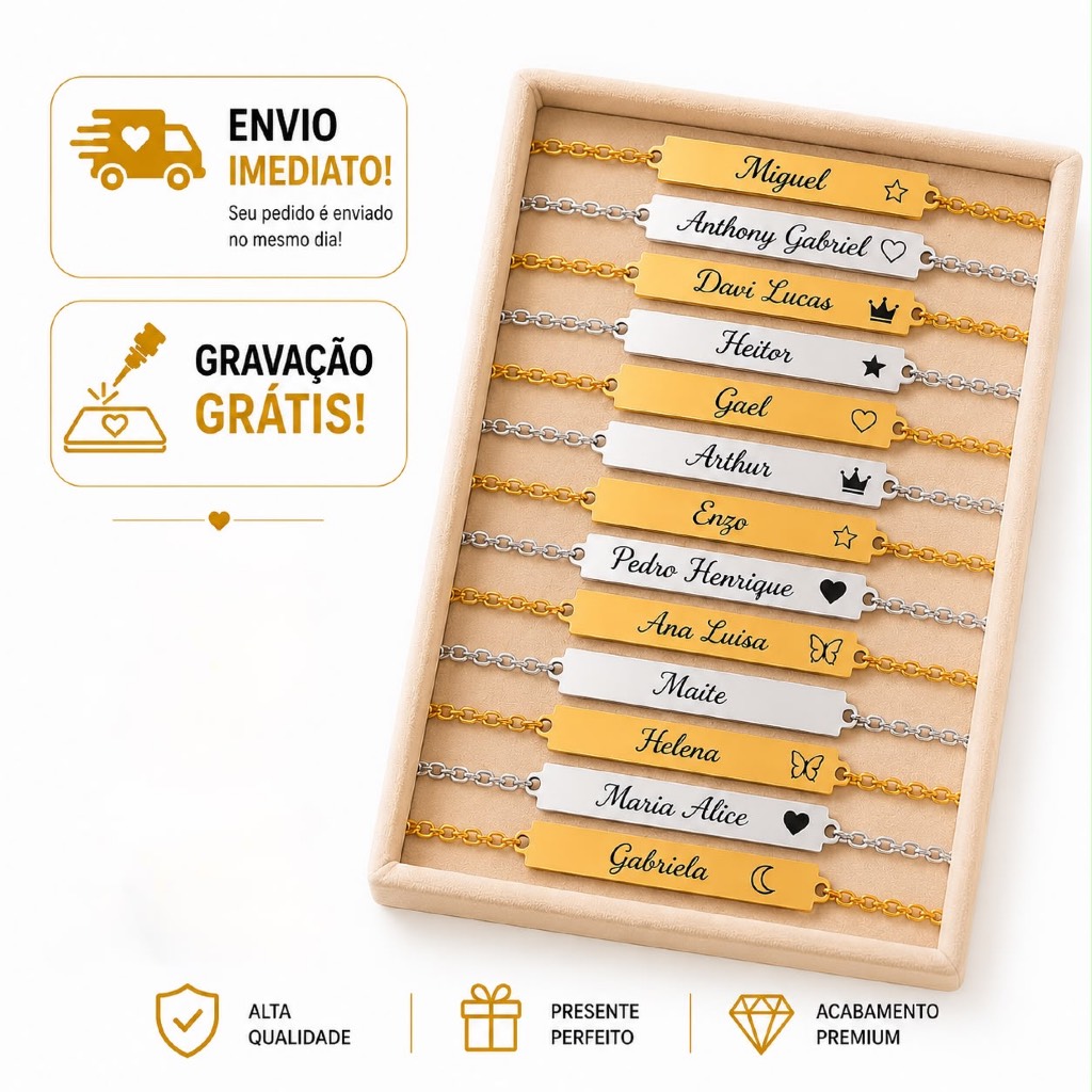 Pulseira Infantil com nome Personalizada RN Bebê Prata Com Gravação Nome Recém nascido Criança 0 meses ate 5anos