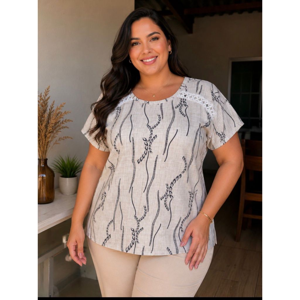 Blusa Feminina Plus Size GG  Estampada Manga Curta com Detalhe em Renda Casual Elegante Confortável Tendência Preço