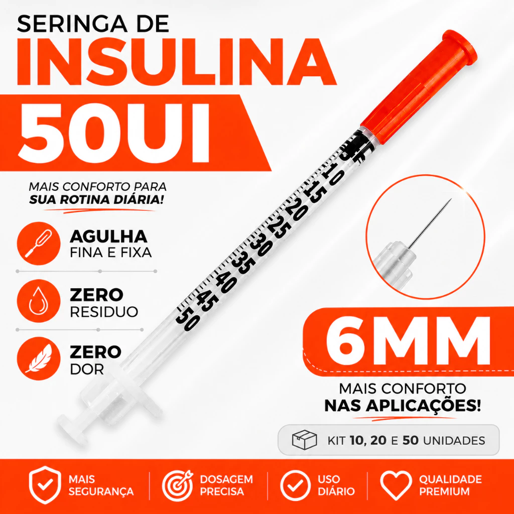 Seringa 50 UI Insulina Fina e Fiza Zero Residuo 6MMx0,25 Kit 5/10 E 20 UNIDADES — imagem 1