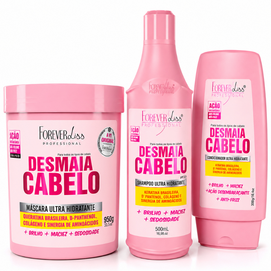 Forever Liss Kit Desmaia Cabelo 3 Itens Original -Shampoo 500ml + Condicionador 300ml + Máscara 950g