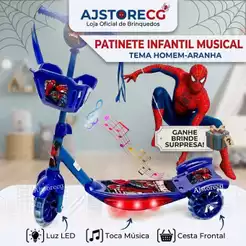 Patinete Infantil Menino Homem Aranha Com Música e Luz Ajustável 3 Rodas Pronta Entrega no Brasil