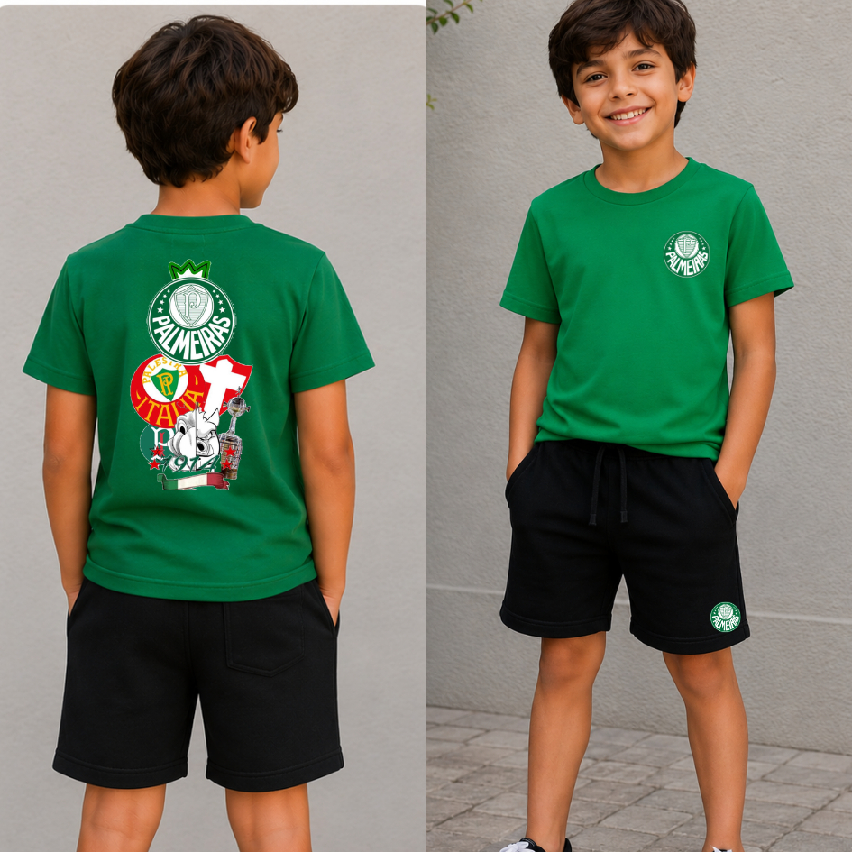 Conjunto Infantil Camiseta e Short Moletinho Time de futebol Palmeira s Verdão frente e costas