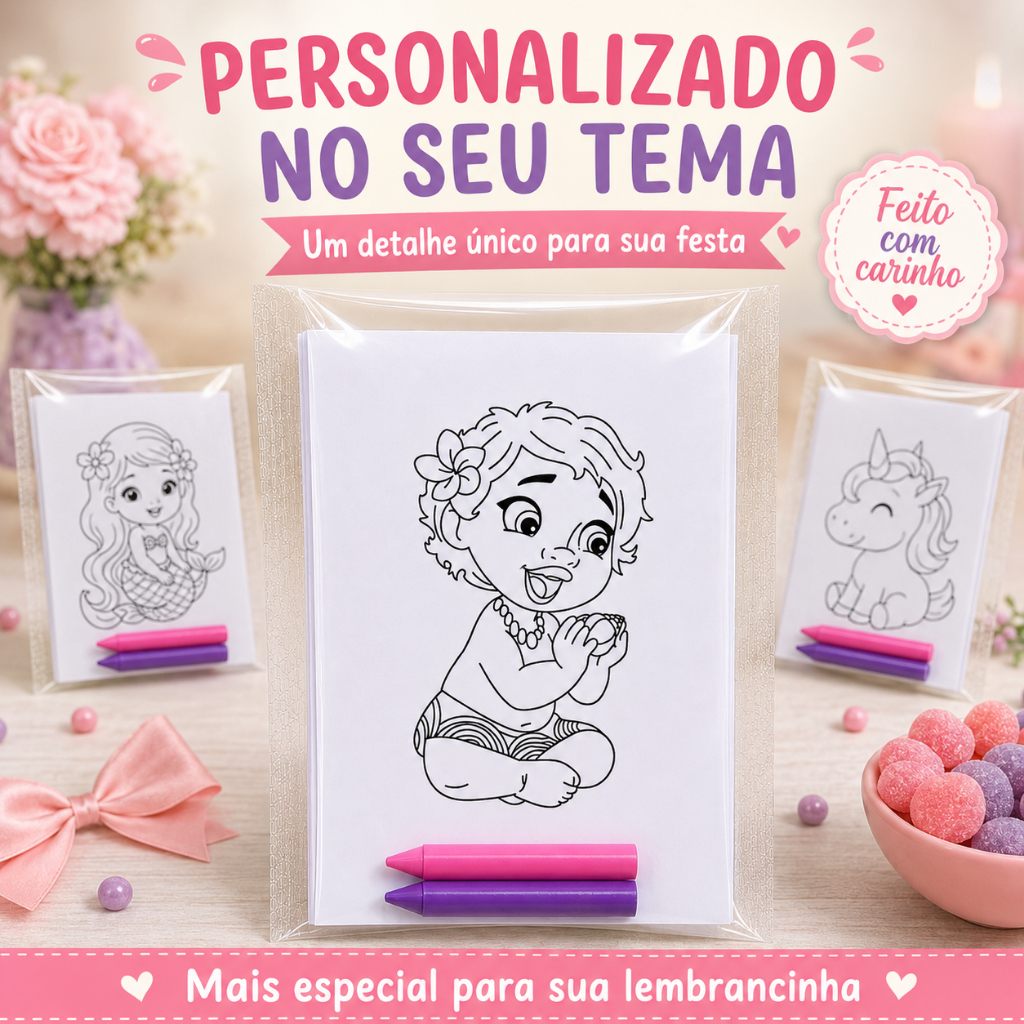 Kit Lembrancinhas de Colorir Personalizadas Moana Baby, Tema à Escolha – Festa Infantil, Lembrancinha Aniversário