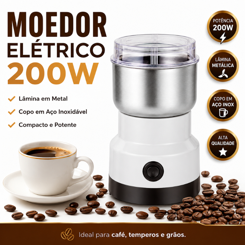 Moedor Elétrico de Café em Aço Inox Multifuncional para Grãos, Temperos e Especiarias