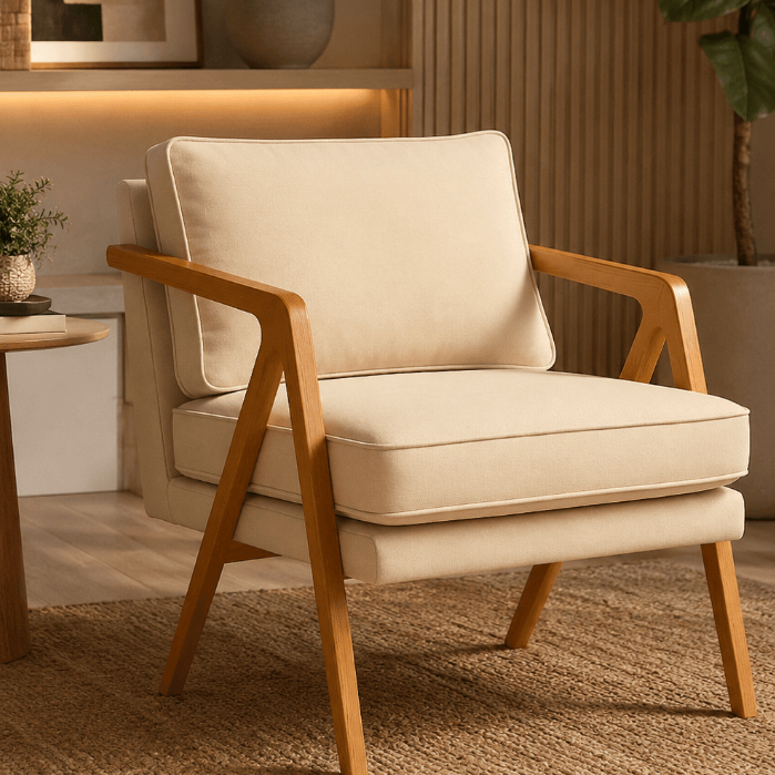 Poltrona Decorativa Mona Para Sala de Estar Luxo em Madeira Maciça Sala Moderna Tecido Linho