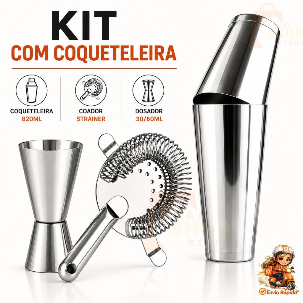 Kit Coqueteleira Boston 820ml Inox Profissional com Dosador Duplo e Coador para Drinks