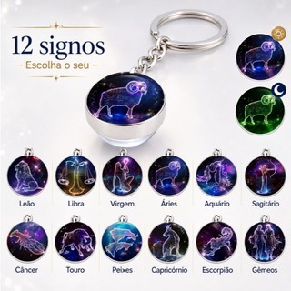 Chaveiro Luminoso 12 Signos Zodíaco Metal Brilha no Escuro Pingente Bolsa e Chaves
