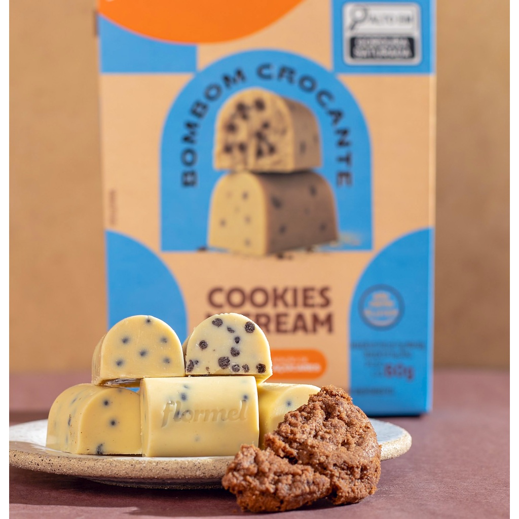 Caixa 5 unid Bombom Chocolate Branco Zero Açucar Sem Gluten Doce Crocante Cookies Fit 60g Flormel