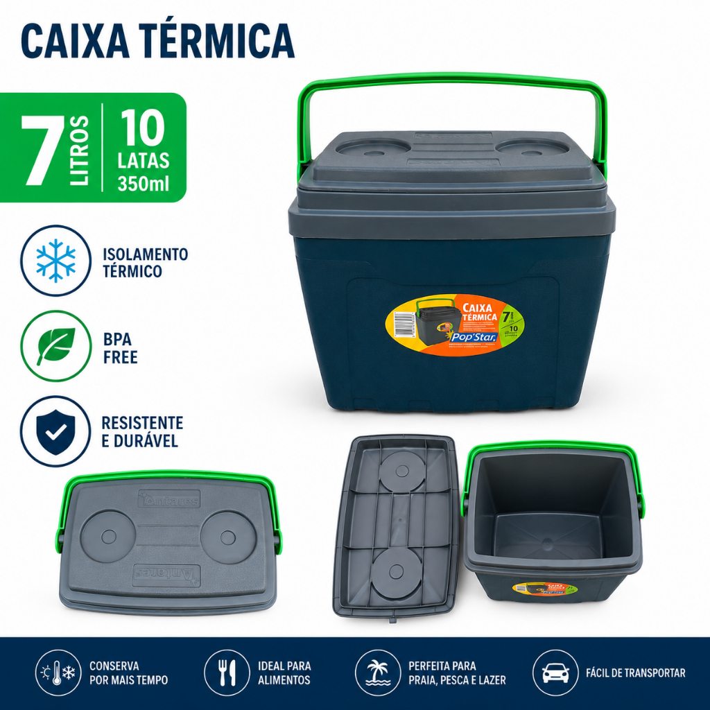 CAIXA TÉRMICA COM ALÇA 7 LITROS PORTÁTIL 10 LATA MINI COOLER PORTA COPO