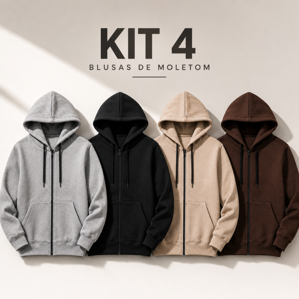 Kit 4 Blusa Moletom Capuz Masculino Frio Casaco Flanelada Fechamento Em Zíper Casual Inverno P Ao GG