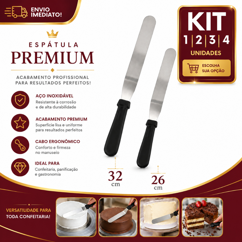 Espátula para Bolo Confeitaria Profissional Aço Inox 26cm ou 32cm Espalhador Glacê Chantilly Recheio Decorar Bolos