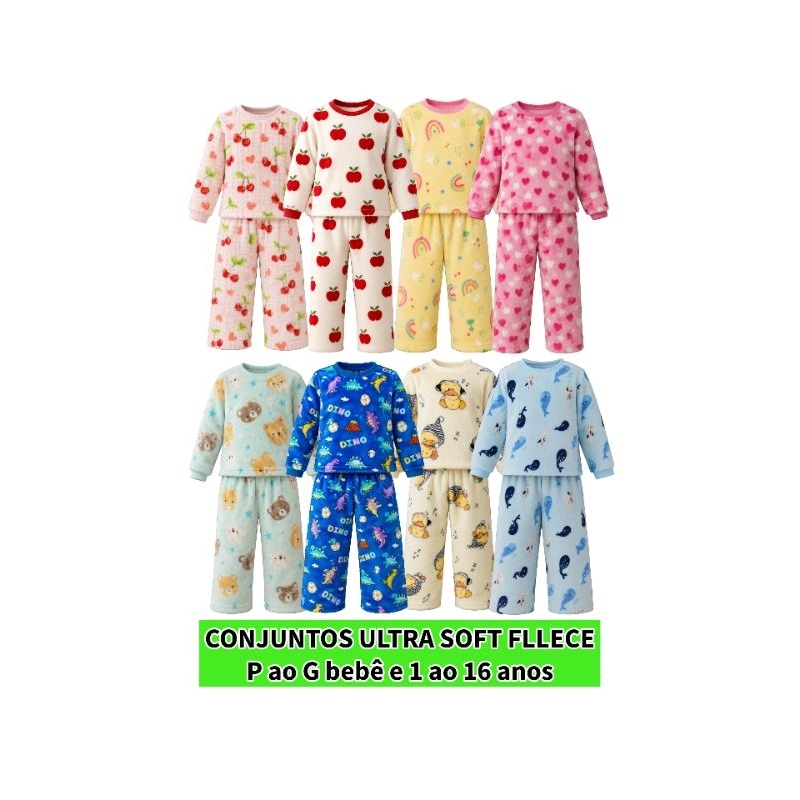 Conjunto Fleece ultra soft  Infantil Bebê Frio Pijama Estampado Blusa e Calça Menino e Menina Tam P M G bebê  1 a16 anos