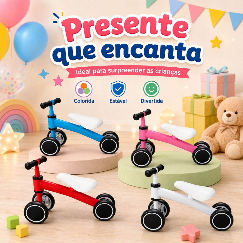 Bicicleta de Equilíbrio Infantil 4 Rodas Sem Pedais Resistente Desenvolve Coordenação Motora Entrega Imediata São Paulo