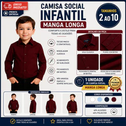 Camisa Infantil Social Manga Longa Confortável Premium Menino Tam 2 ao 10 ENVIO IMEDIATO !!!