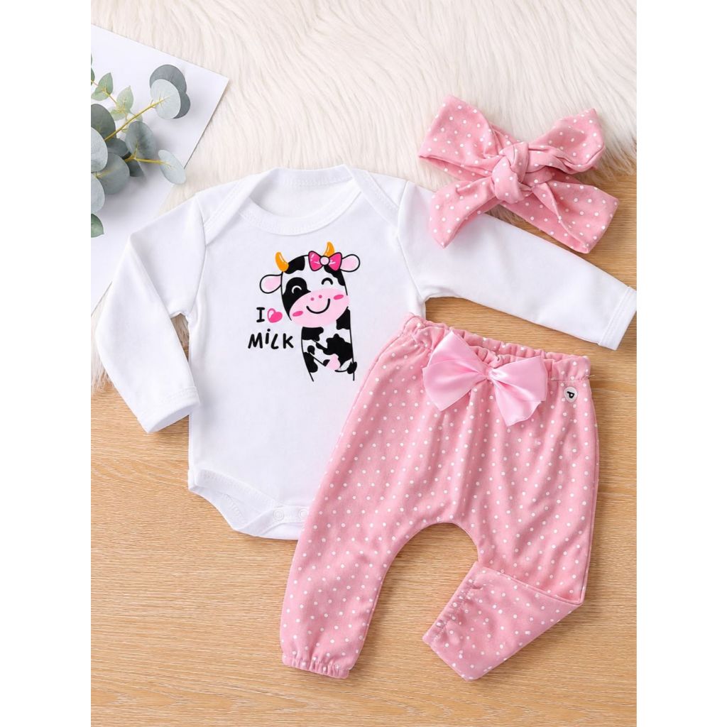 Conjunto Menina Bebê Algodão Body Desenho Fofo Calça Frufru Meia Estação Faixa Moda Bebê Infantil