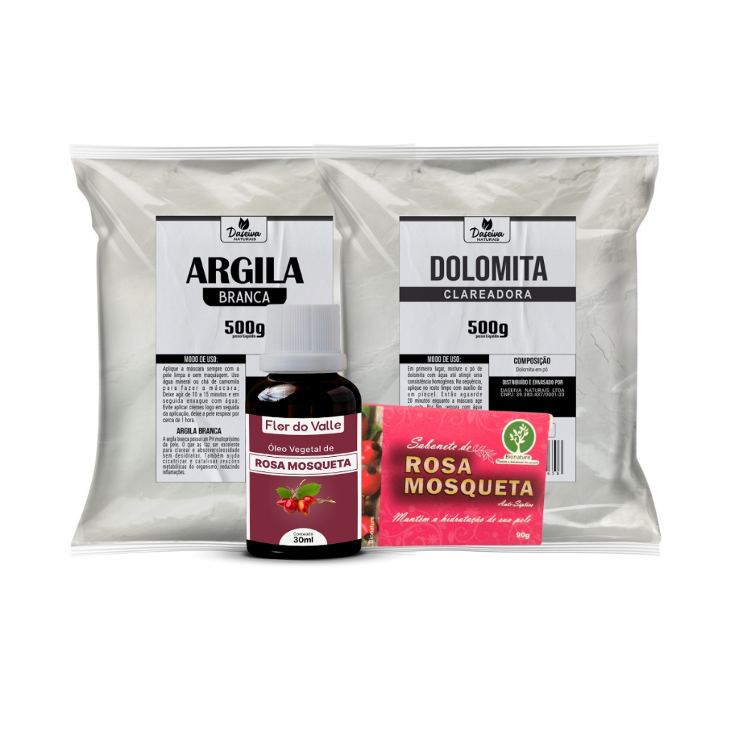 Skincare beleza pele facial Dolomita Clareadora e Argila Branca 500g Sabonete Rosa Mosqueta 90g Óleo Vegetal Mosqueta